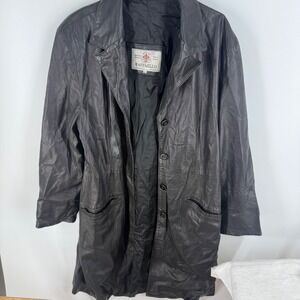 Vtg Y2K Raffaello‎ Italy Mens Black Genuine Leather Trench Coat Style Size 48